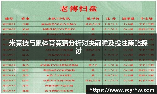 米竞技与累体育竞猜分析对决前瞻及投注策略探讨